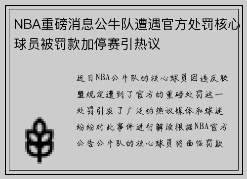 NBA重磅消息公牛队遭遇官方处罚核心球员被罚款加停赛引热议