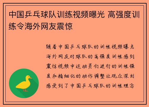 中国乒乓球队训练视频曝光 高强度训练令海外网友震惊